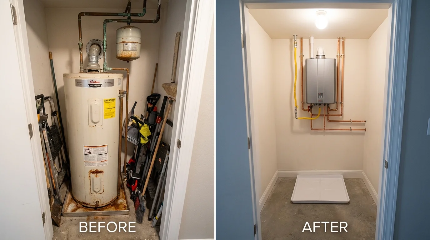 Tank water heater versus wall-mounted tankless unit comparison for Cresco, IA homeowners